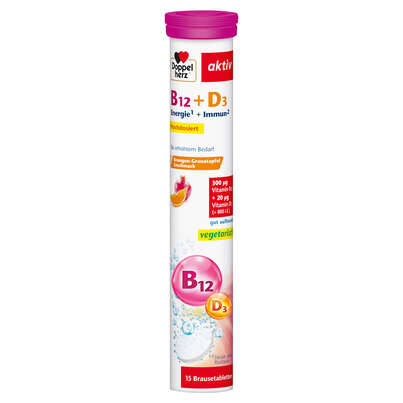 Sie sehen eine Packung Doppelherz Vitamin B12 + D3 Brausetabletten, Produktbild: 01 Doppelherz Vitamin B12 + D3 Brausetabletten, A-Nr.: 5678103 - 01