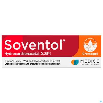 Sie sehen eine Packung Soventol Hydrocortisonacetat Creme 0,25% 20g, Produktbild: 02 Soventol Hydrocortisonacetat Creme 0,25% 20g, A-Nr.: 5518701 - 02