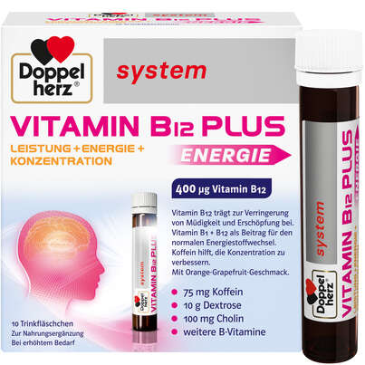 Sie sehen eine Packung Doppelherz system VITAMIN B12 PLUS - LEISTUNG + ENERGIE + KONZENTRATION, Produktbild: 01 Doppelherz system VITAMIN B12 PLUS - LEISTUNG + ENERGIE + KONZENTRATION, A-Nr.: 3998890 - 01