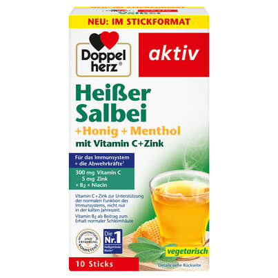 Sie sehen eine Packung Doppelherz Heißer Salbei + Honig + Menthol, Produktbild: 01 Doppelherz Heißer Salbei + Honig + Menthol, A-Nr.: 5678178 - 01