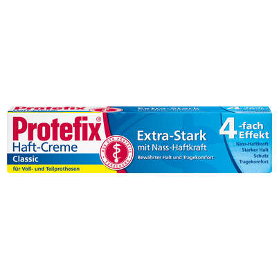 Sie sehen eine Packung Protefix Haft-Creme Extra-Strak mit 4-fach Effekt, Produktbild: 01 Protefix Haft-Creme Extra-Strak mit 4-fach Effekt, A-Nr.: 5678824 - 01