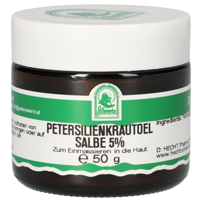 Sie sehen eine Packung PETERSILIENKRAUTÖL SALBE 5% 50 G, Produktbild: 01 PETERSILIENKRAUTÖL SALBE 5% 50 G, A-Nr.: 5357971 - 01