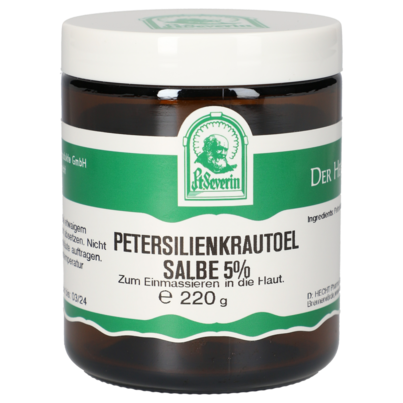 Sie sehen eine Packung PETERSILIENKRAUTÖL SALBE 5% 220 G, Produktbild: 01 PETERSILIENKRAUTÖL SALBE 5% 220 G, A-Nr.: 5357994 - 01