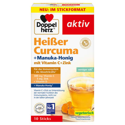 Sie sehen eine Packung Doppelherz Heißer Curcuma + Manuka-Honig, Produktbild: 01 Doppelherz Heißer Curcuma + Manuka-Honig, A-Nr.: 5706271 - 01