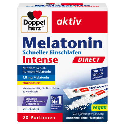 Sie sehen eine Packung Doppelherz Melatonin Intense DIRECT, Produktbild: 01 Doppelherz Melatonin Intense DIRECT, A-Nr.: 5677517 - 01