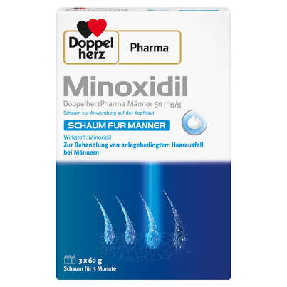 Sie sehen eine Packung Minoxidil DoppelherzPharma Männer 50 mg/g Schaum zur Anwendung auf der Kopfhaut, Produktbild: 01 Minoxidil DoppelherzPharma Männer 50 mg/g Schaum zur Anwendung auf der Kopfhaut, A-Nr.: 5532813 - 01
