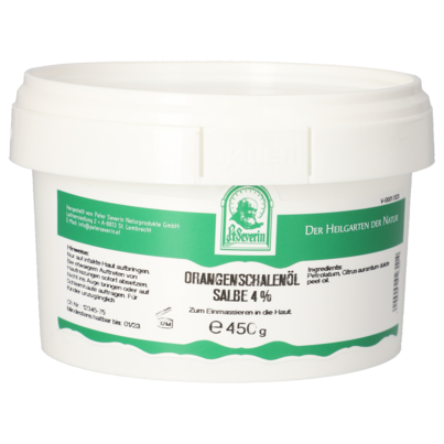Sie sehen eine Packung ORANGENSCHALENÖL SALBE 4% 450 G, Produktbild: 01 ORANGENSCHALENÖL SALBE 4% 450 G, A-Nr.: 5802448 - 01