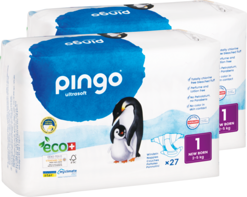 Sie sehen eine Packung Bio Windeln Nr.1 New Born Jumbo 2-5 kg Pinguin - Pingo Swiss, Produktbild: 01 Bio Windeln Nr.1 New Born Jumbo 2-5 kg Pinguin - Pingo Swiss, A-Nr.: 5447177 - 01
