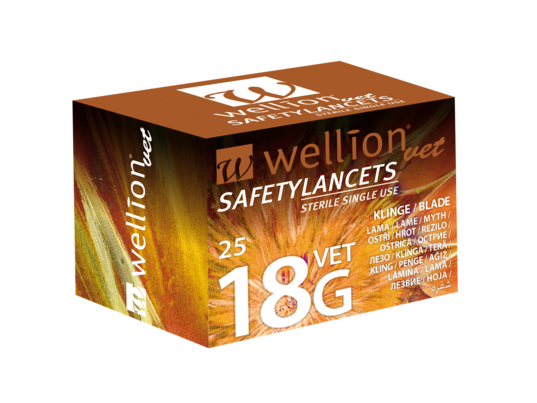 Sie sehen eine Packung WELLVET218B-3-25 WellionVet Safety Lancets 18G 3mm Blade 25Stk., Produktbild: 01 WELLVET218B-3-25 WellionVet Safety Lancets 18G 3mm Blade 25Stk., A-Nr.: 4545564 - 01