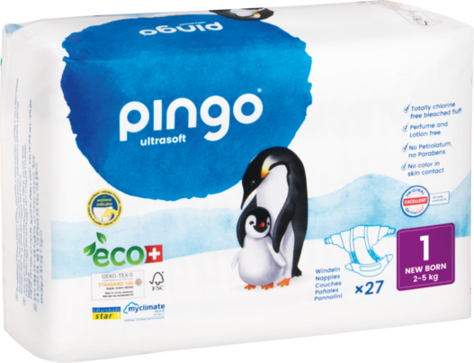 Sie sehen eine Packung Bio Windeln Nr.1 New Born 2-5kg Pinguin – Pingo Swiss, Produktbild: 01 Bio Windeln Nr.1 New Born 2-5kg Pinguin – Pingo Swiss, A-Nr.: 4559514 - 01