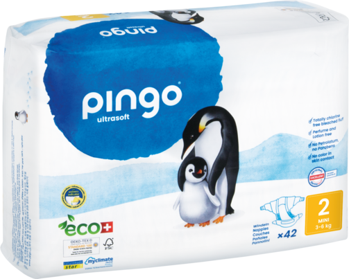 Sie sehen eine Packung Bio Windeln Nr.2 Mini 3-6kg Pinguin – Pingo Swiss, Produktbild: 01 Bio Windeln Nr.2 Mini 3-6kg Pinguin – Pingo Swiss, A-Nr.: 4559520 - 01