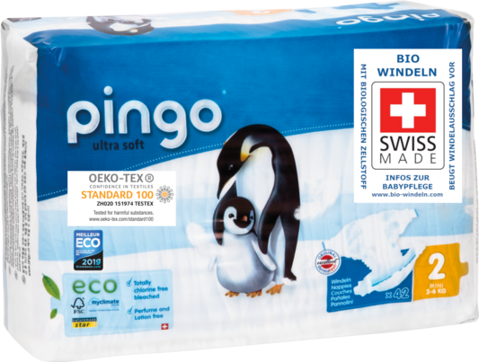 Sie sehen eine Packung Bio Windeln Nr.2 Mini 3-6kg Pinguin – Pingo Swiss, Produktbild: 02 Bio Windeln Nr.2 Mini 3-6kg Pinguin – Pingo Swiss, A-Nr.: 4559520 - 02