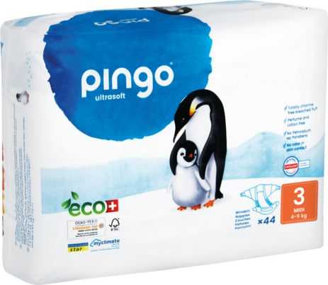 Sie sehen eine Packung Bio Windeln Nr.3 Midi 4-9kg Pinguin – Pingo Swiss, Produktbild: 01 Bio Windeln Nr.3 Midi 4-9kg Pinguin – Pingo Swiss, A-Nr.: 4559543 - 01