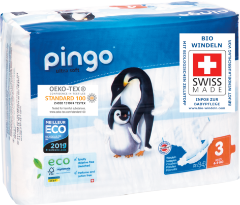 Sie sehen eine Packung Bio Windeln Nr.3 Midi 4-9kg Pinguin – Pingo Swiss, Produktbild: 02 Bio Windeln Nr.3 Midi 4-9kg Pinguin – Pingo Swiss, A-Nr.: 4559543 - 02