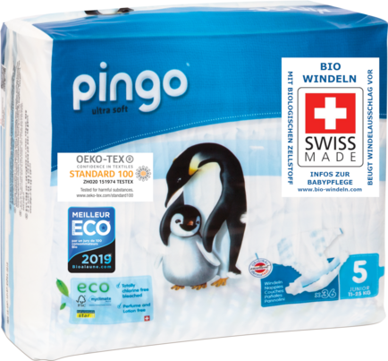 Sie sehen eine Packung Bio Windeln Nr.5 Junior 11-16kg Pinguin – Pingo Swiss, Produktbild: 02 Bio Windeln Nr.5 Junior 11-16kg Pinguin – Pingo Swiss, A-Nr.: 4559595 - 02
