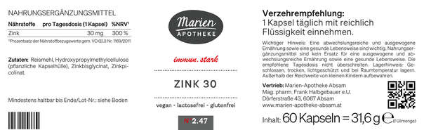 MARIEN ZINK 30, 60 Kapseln, A-Nr.: 8058944 - 03