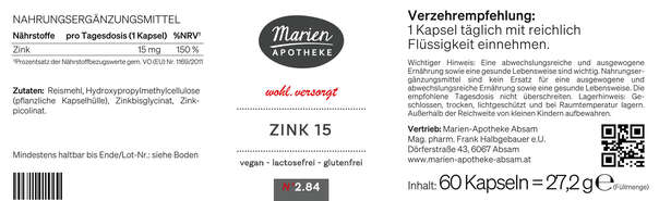 MARIEN ZINK 15, 60 Kapseln, A-Nr.: 8059168 - 03