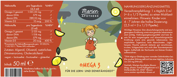 MARIEN OMEGA 3 FLÜSSIG, DHA und EPA aus Algenöl, A-Nr.: 8061024 - 03