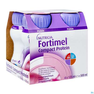 Sie sehen eine Packung Fortimel/compact/protein 125ml Vitalflasche Erdbeere 4st, Produktbild: 05 Fortimel/compact/protein 125ml Vitalflasche Erdbeere 4st, A-Nr.: 3948662 - 05